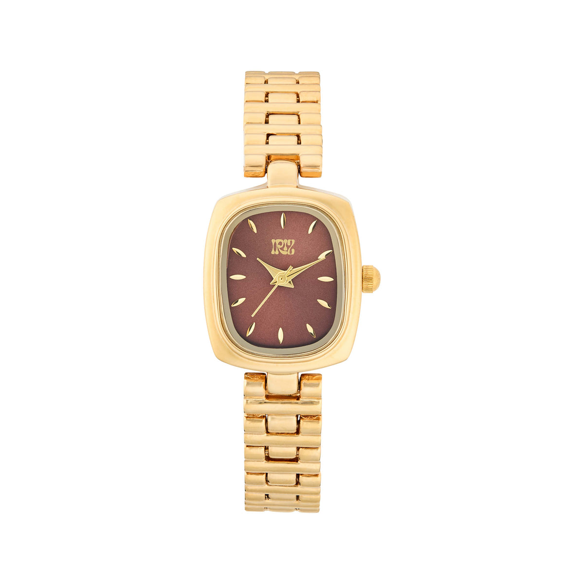 Gold watch with a large brown geometric face on a white background