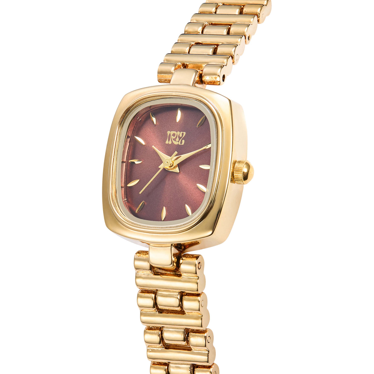 Gold wristwatch with a prominent brown face on a white background