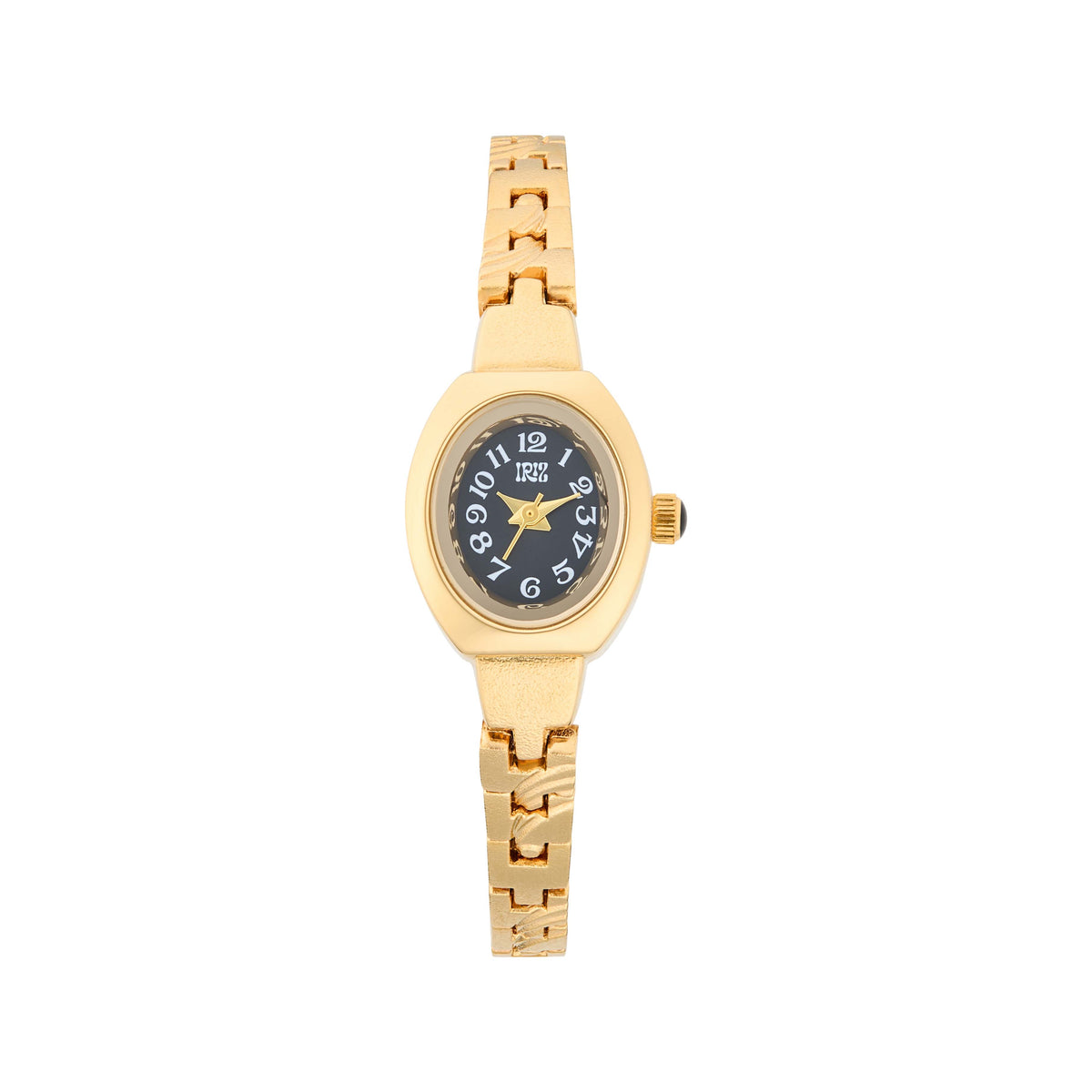 Gold watch with a black oval face and gold band against a white background