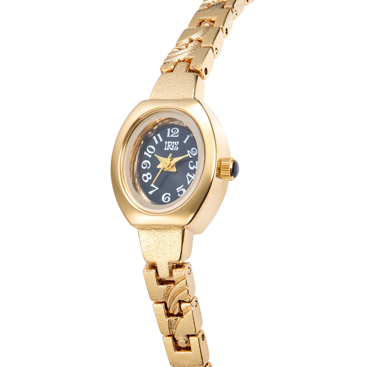 Gold wristwatch with a black oval face on a white background