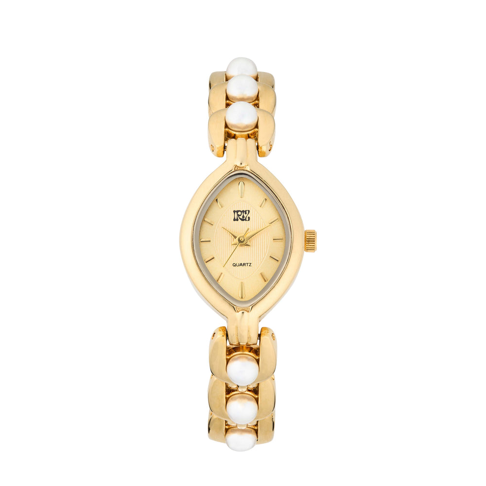 Teardrop faced gold watch with pearl-like accents on a white background