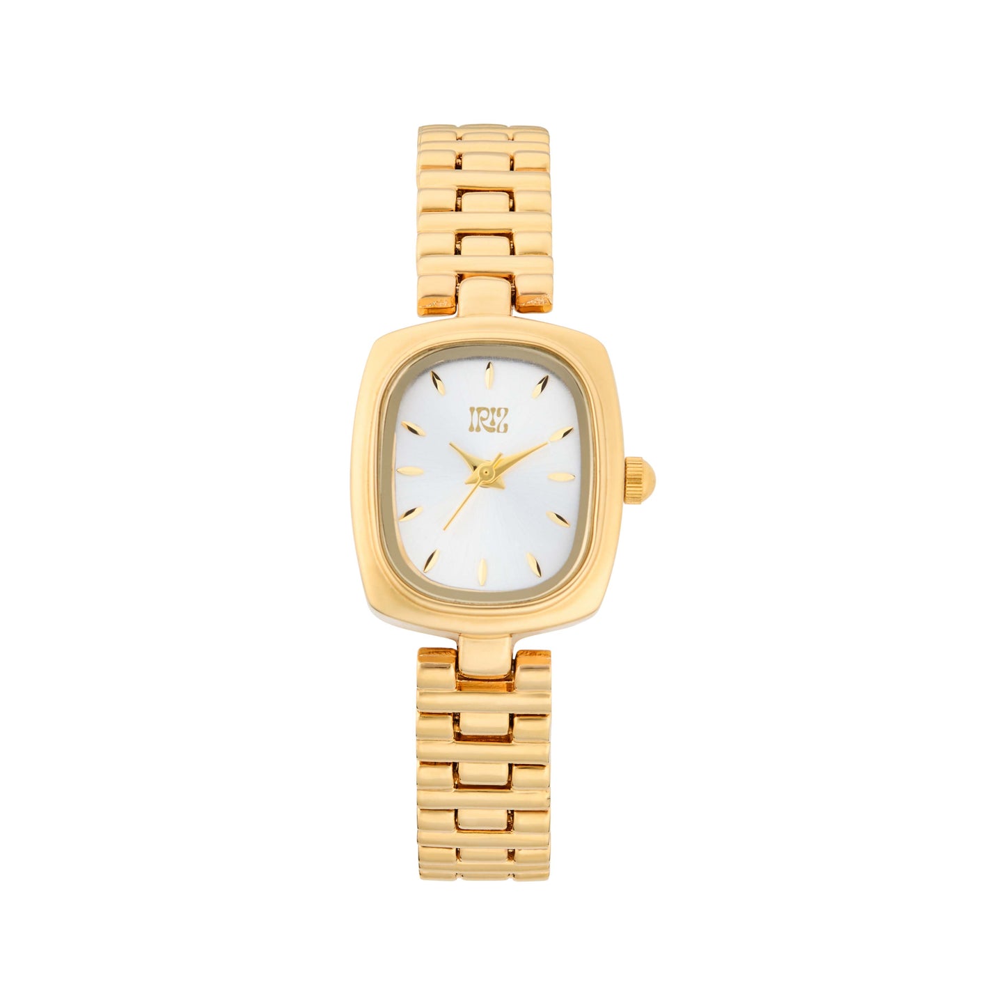 Gold toned watch with a rectangular white face against a white background