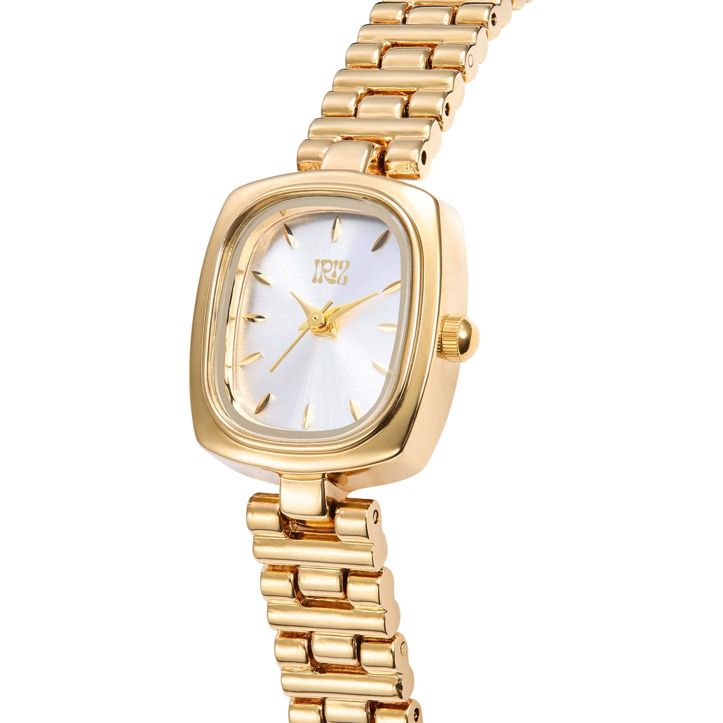 Gold watch with a rectangular white face against a white background