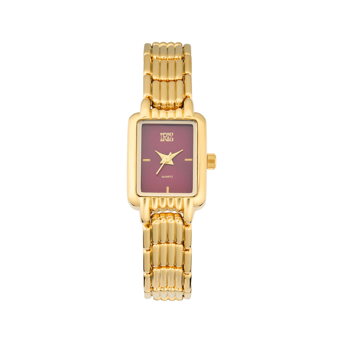 Gold watch with a rectangular maroon face on a white background