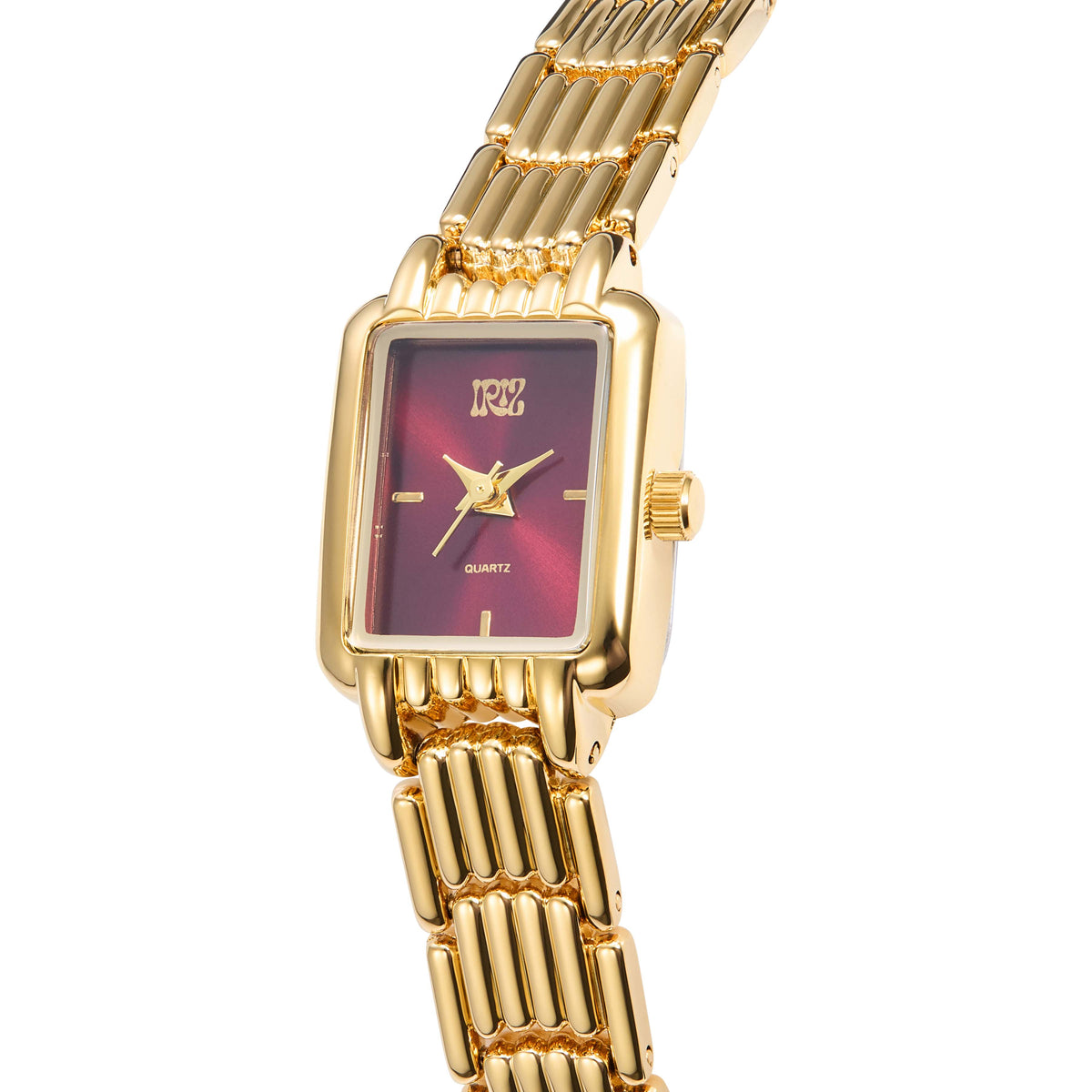 Gold wristwatch with a maroon face on a white background