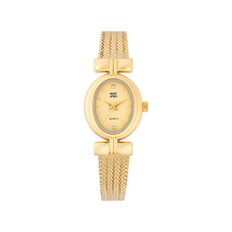 Round gold watch with mesh gold metal band on a white background