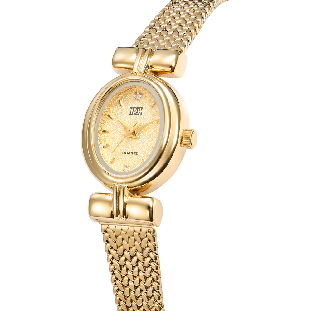 Round gold faced watch with woven gold band and crystals at the 12 and 6 markers