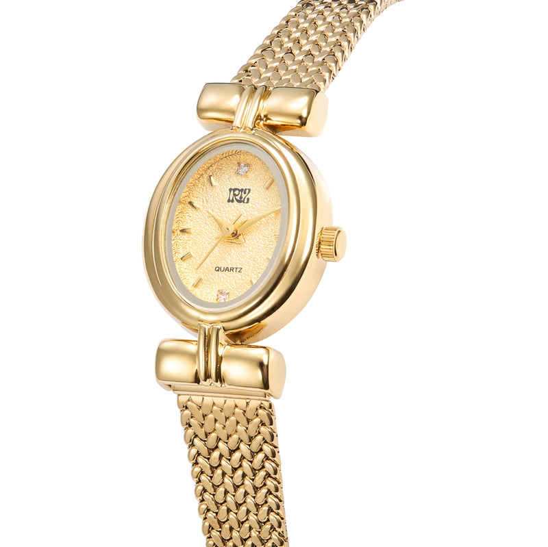 Round gold faced watch with woven gold band and crystals at the 12 and 6 markers