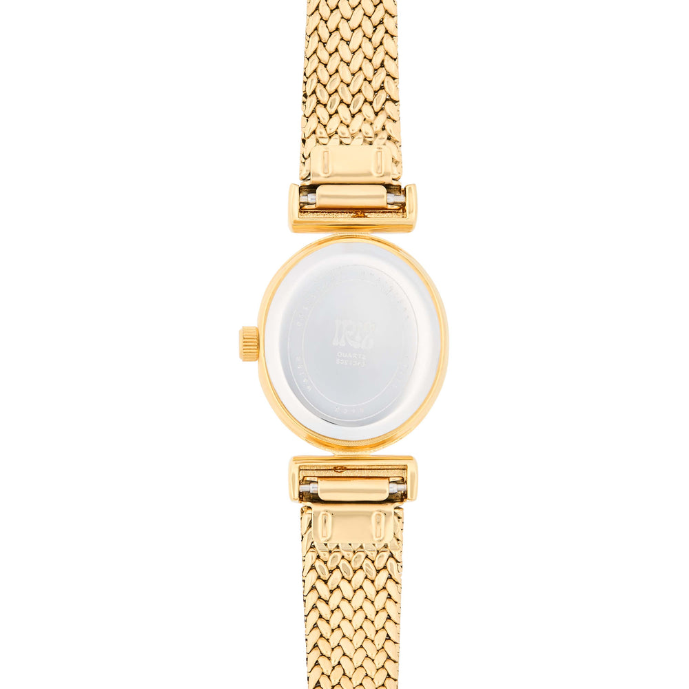 Back of gold watch with mesh gold metal band against a white background