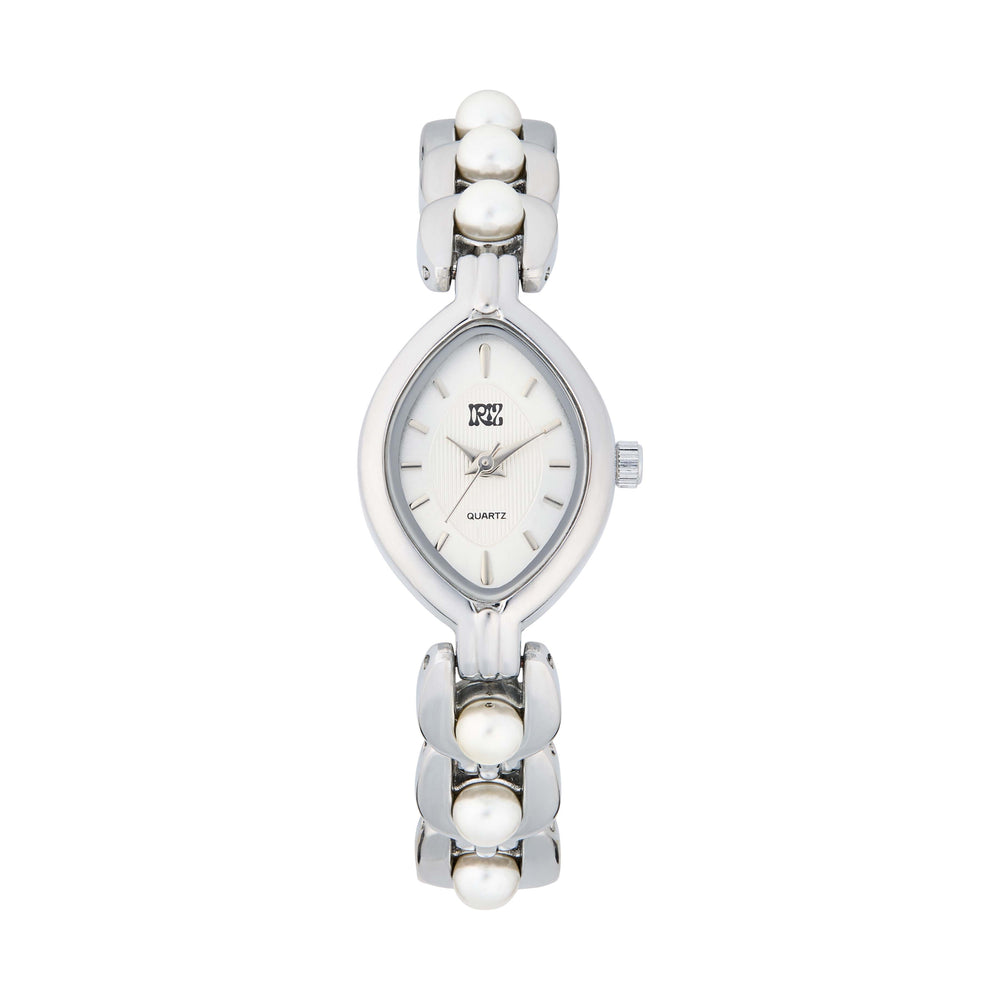 teardrop faced silver watch with pearl like beads in the band against a white backgroudn