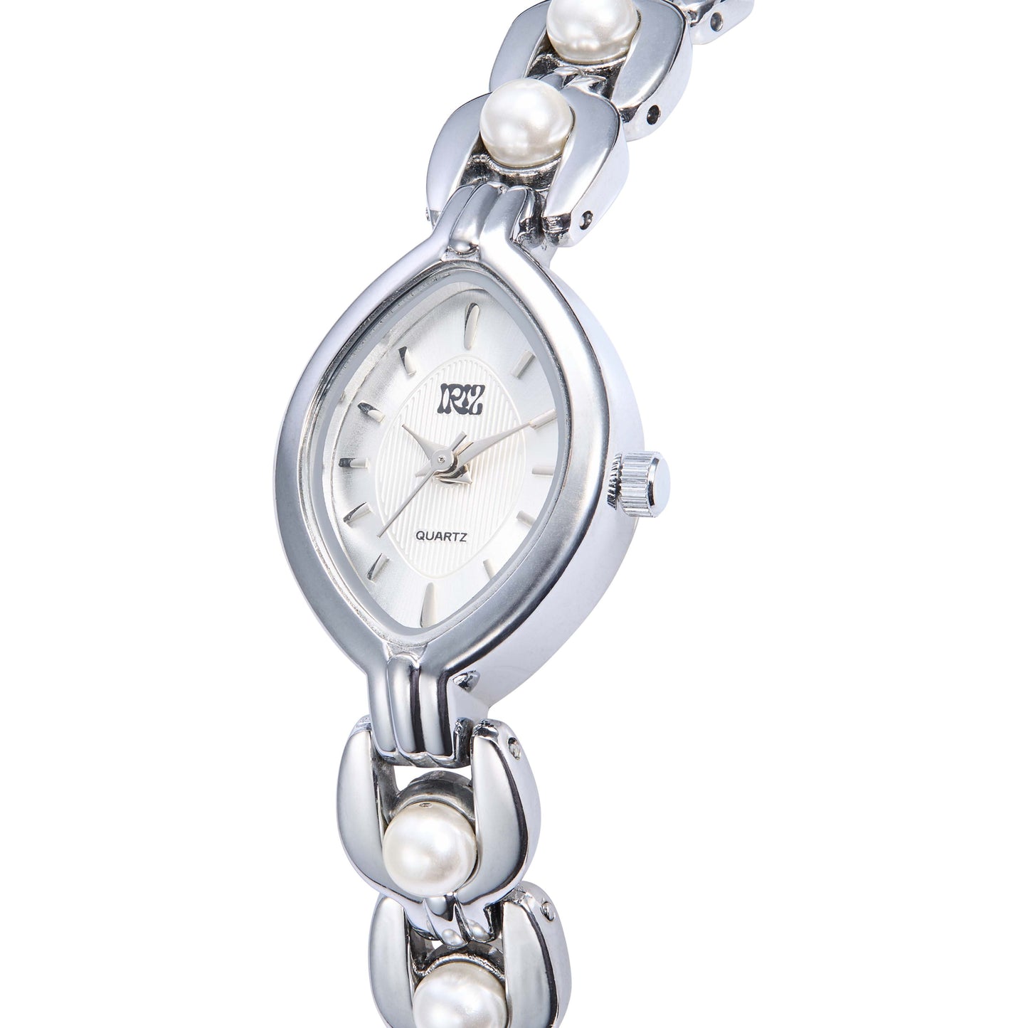 Silver watch with teardrop face and pearl-like beads in the band against a white background