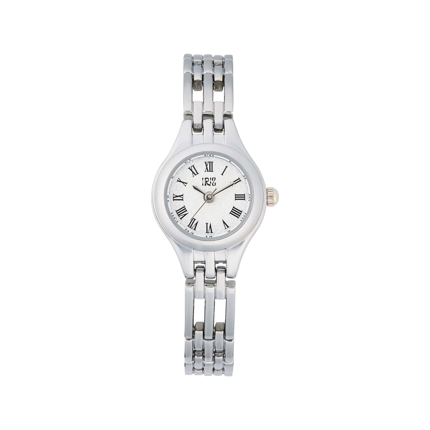 Silver watch with a round face and woven metal band
