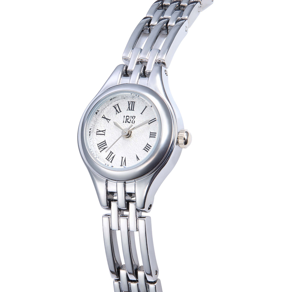 Silver watch with a round face, woven metal band, and black Roman numeral time markers