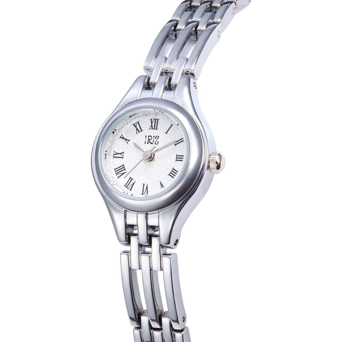 Silver watch with a round face, woven metal band, and black Roman numeral time markers