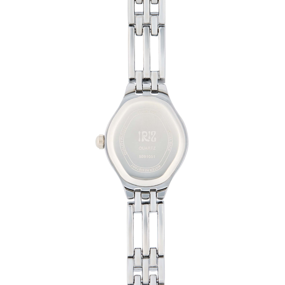 Back of silver watch with a round face and woven metal band