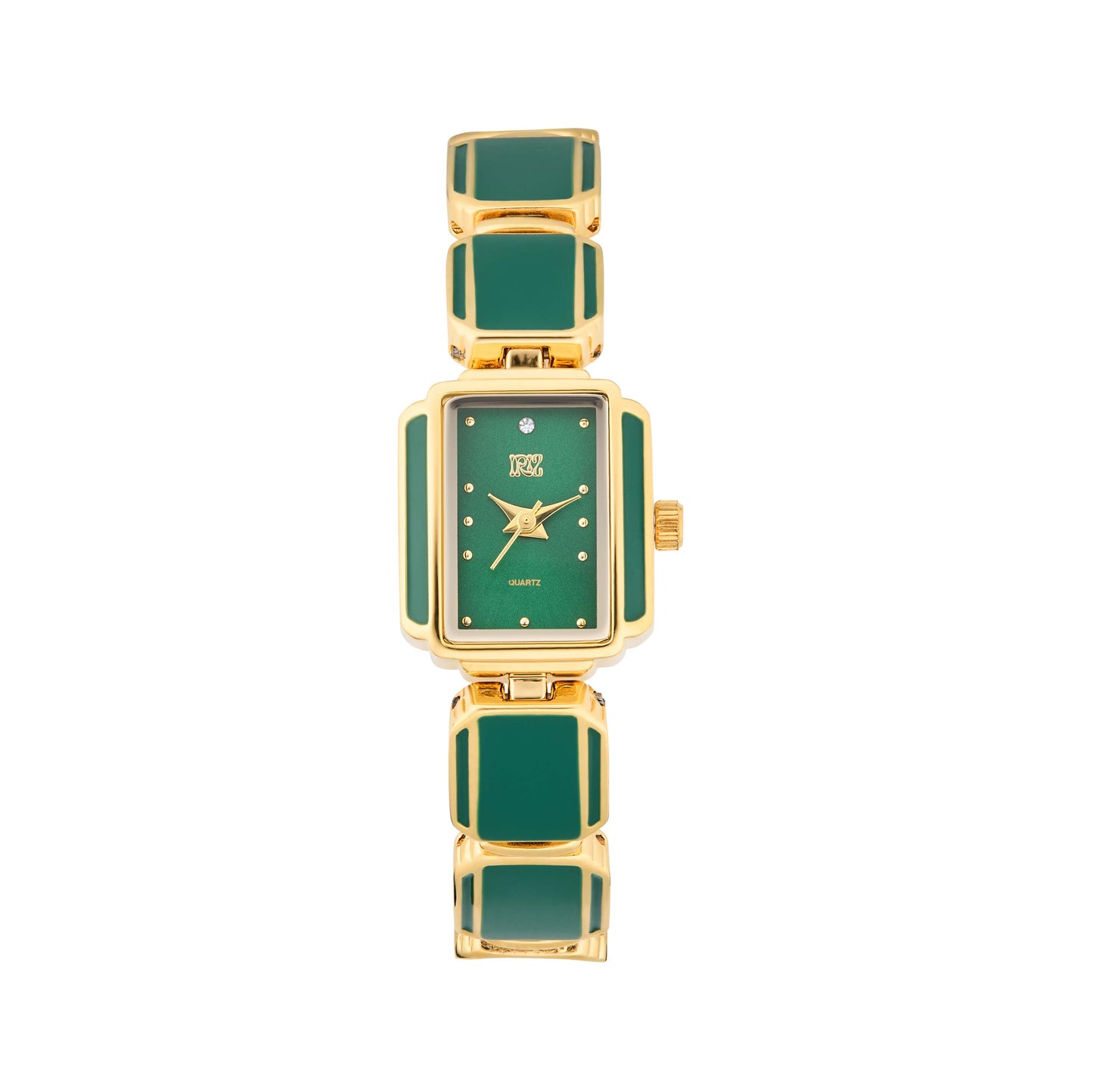 Gold and green watch with a rectangular face and gold and green bracelet set against a white background