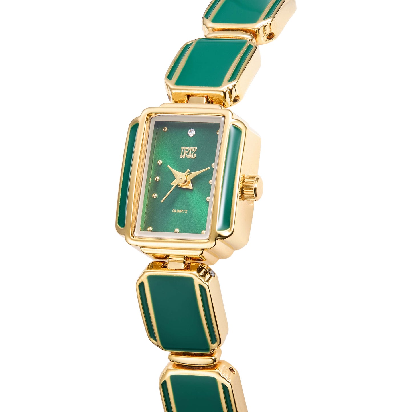 Gold and green watch with rectangular face and gold and green bracelet against a white background