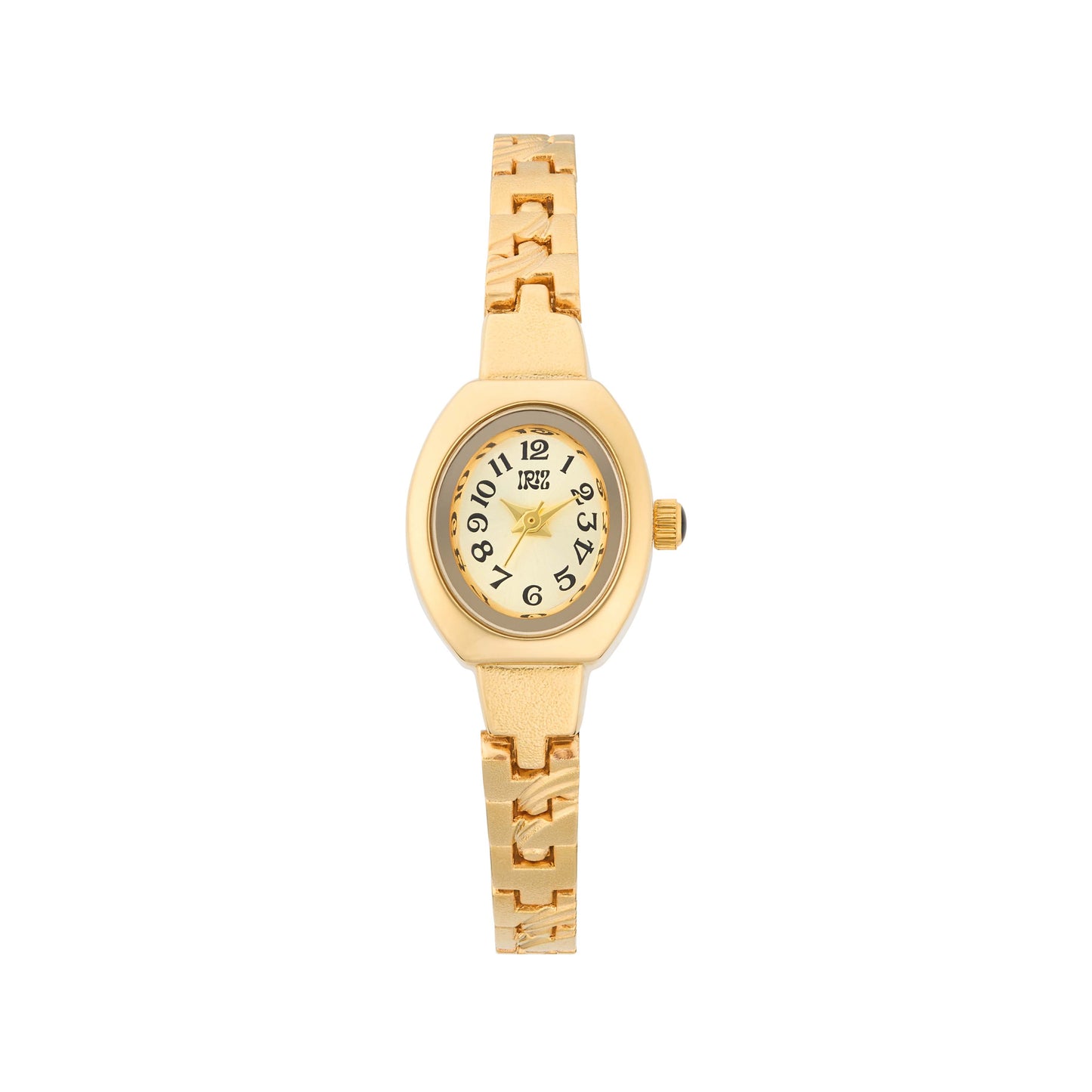 Gold watch with black timemarkers and gold brushstroke details on band, against a white background
