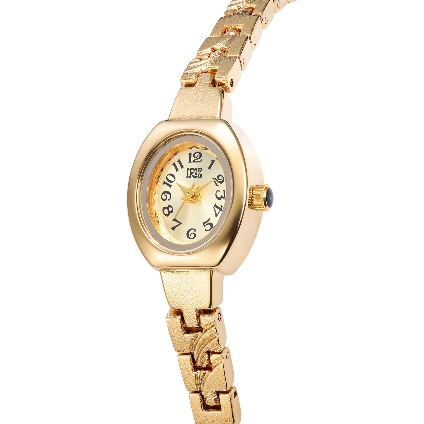 Closeup of wristwatch with a oval face featuring black time markers against a white background