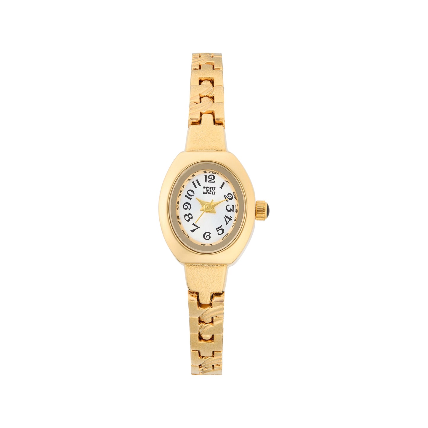 Gold watch with a white face and gold brushstroke details on the band, against a white background