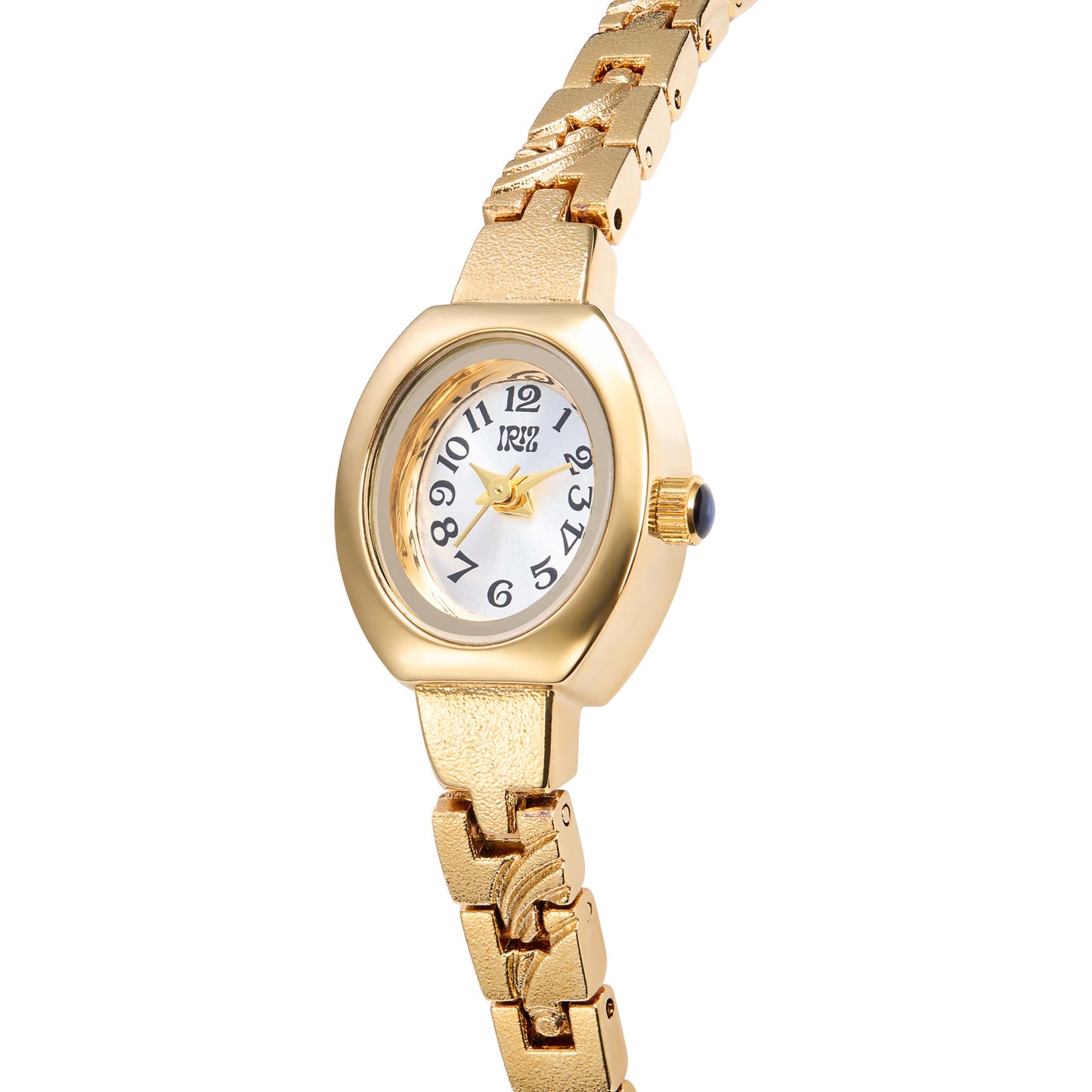 Closeup of gold watch with white oval face and gold brushstroke details on the bracelet