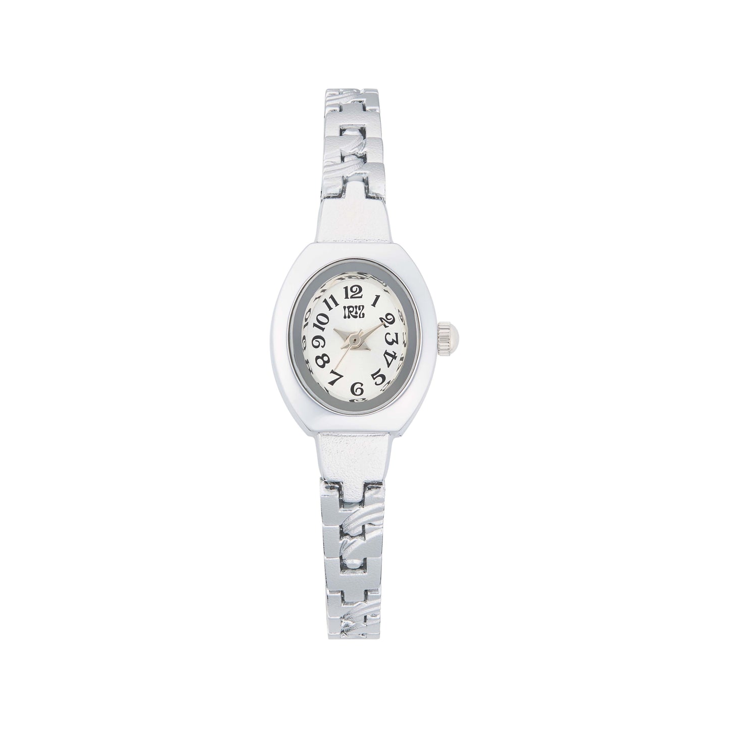 Silver wristwatch with a white face on a white background