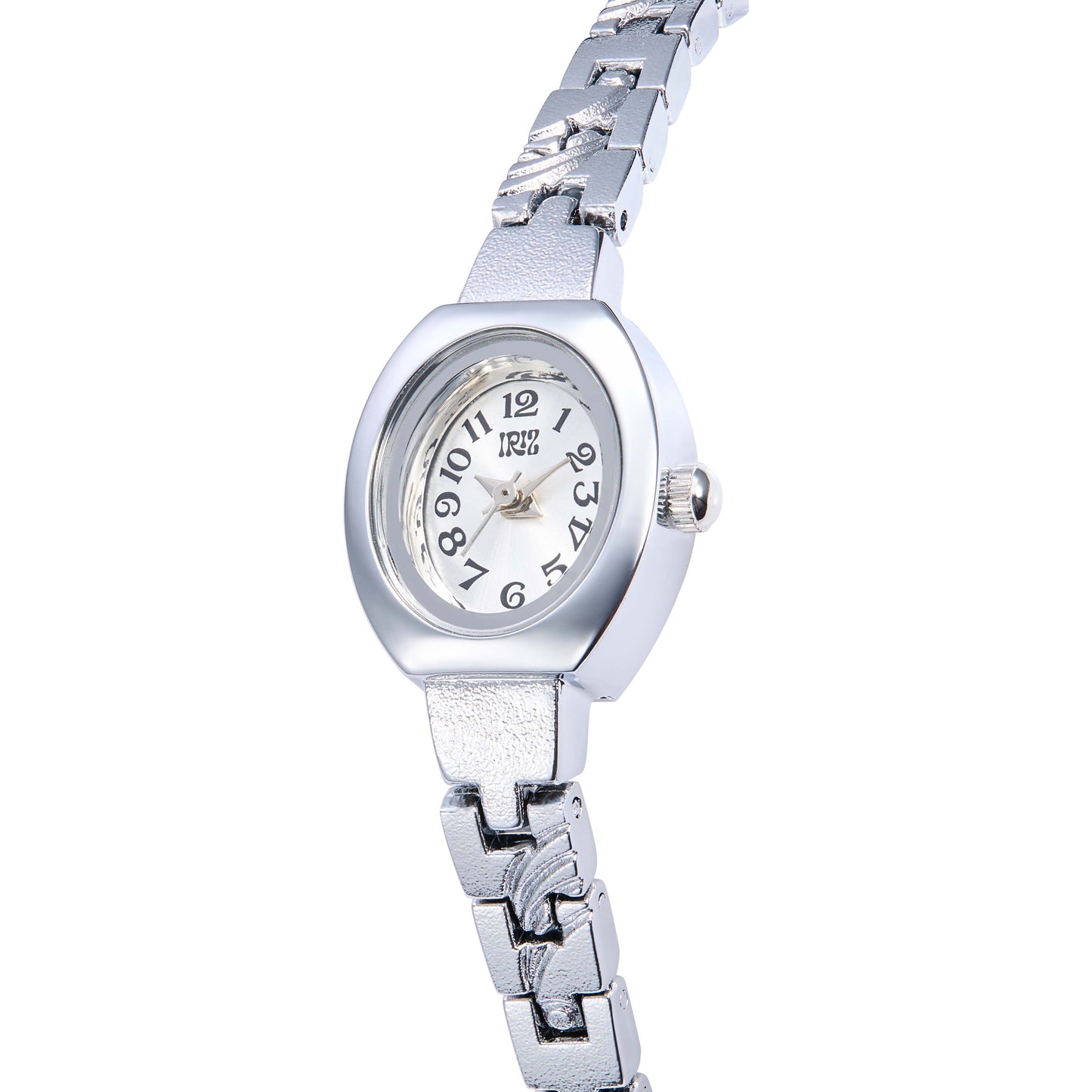 Silver watch with a white face on a white background