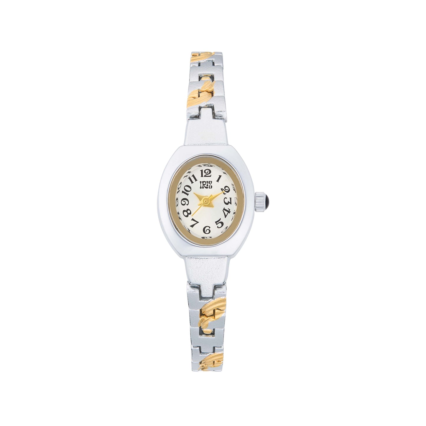 Silver and gold wrist watch with white oval face against a white background
