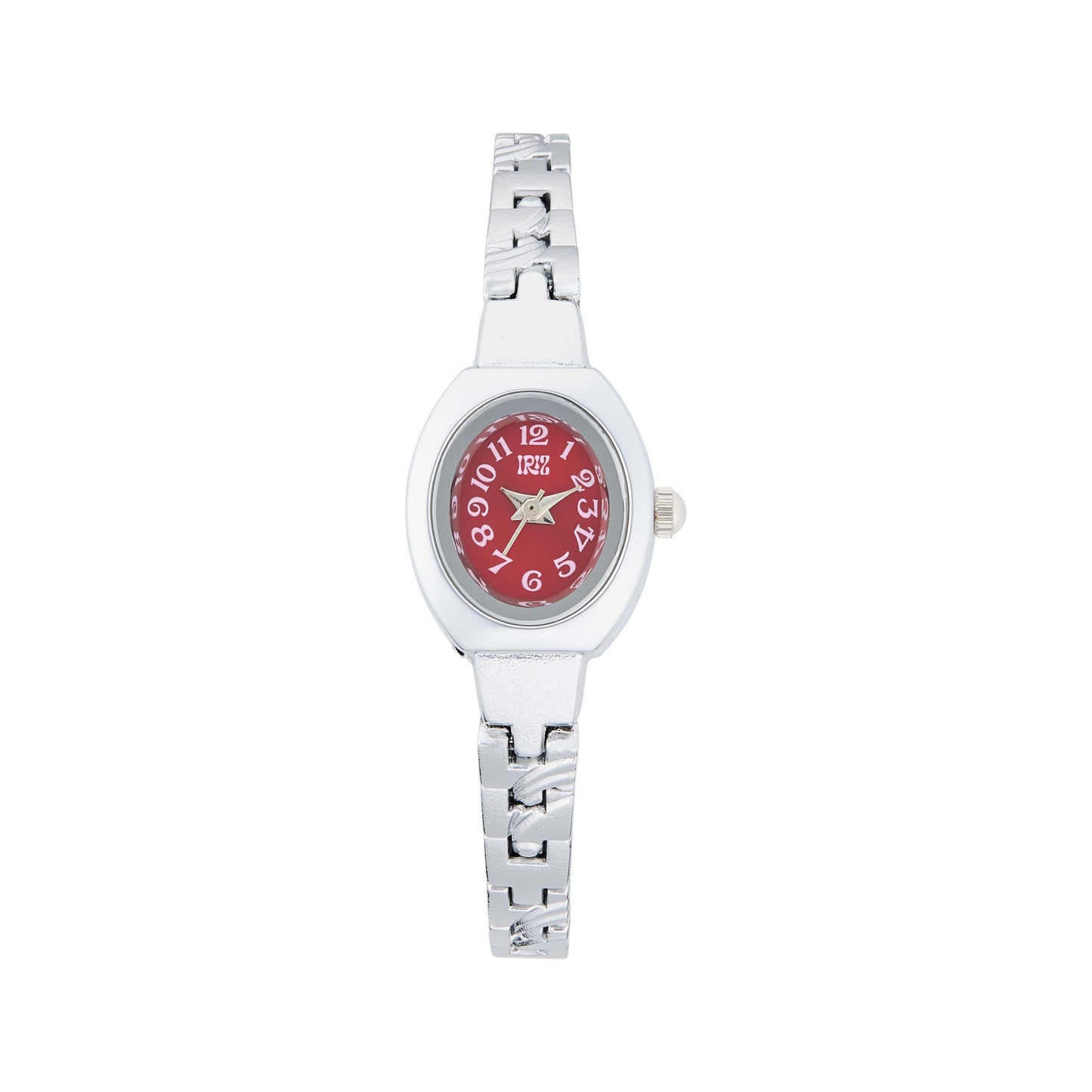 Wristwatch with a red face and silver metal strap on a white background