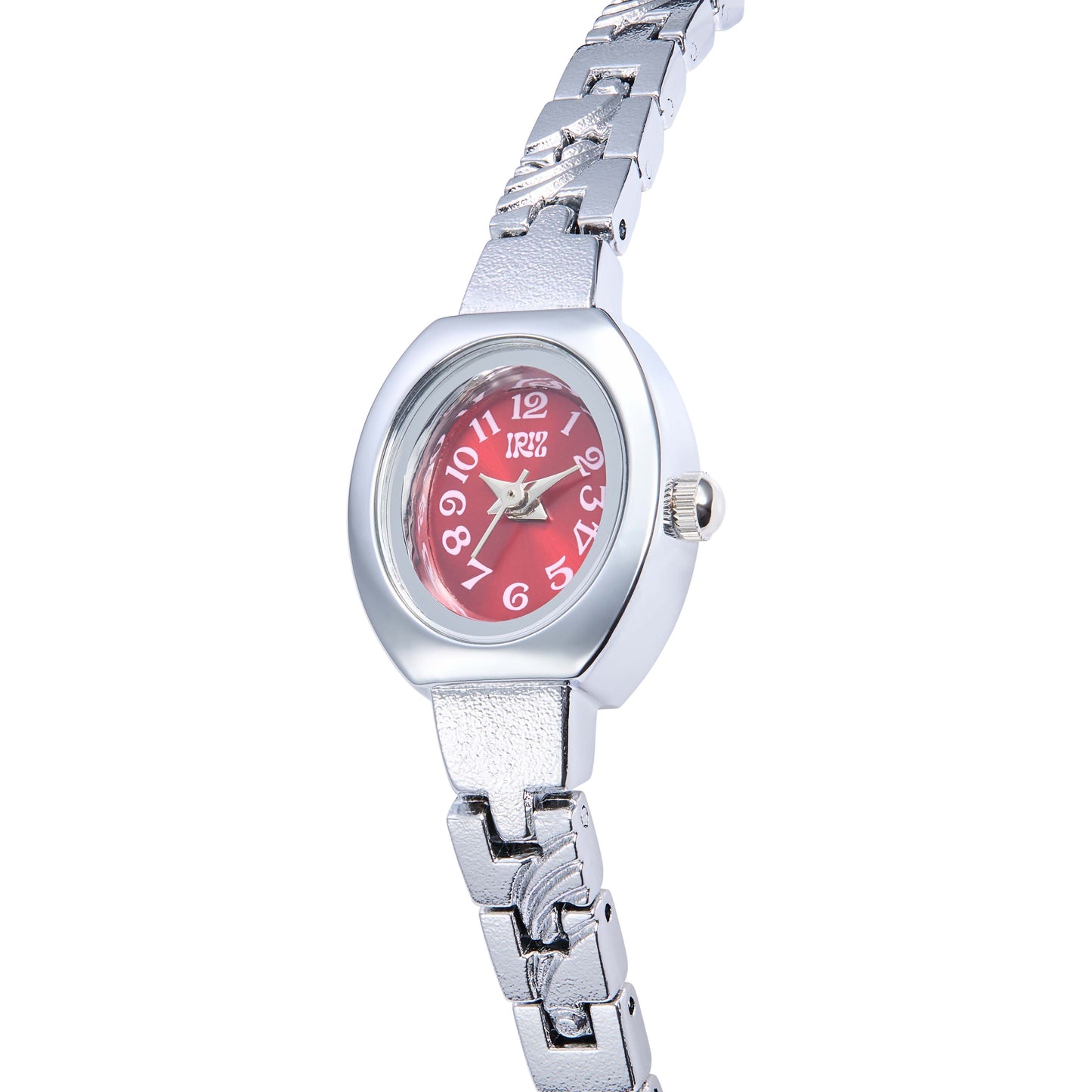 Silver watch with a red face and pink timemarkers on a white background