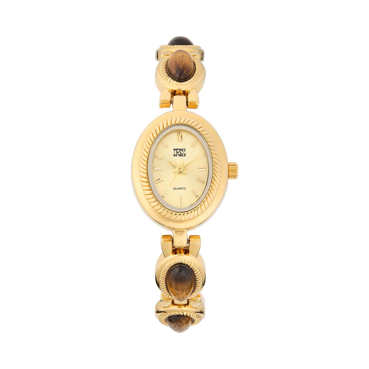 Gold wristwatch with a tiger's eye stones in the bracelet on a white background