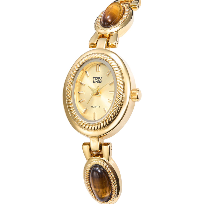 Gold oval-faced wristwatch with tiger lily gemstones in the band on a white background