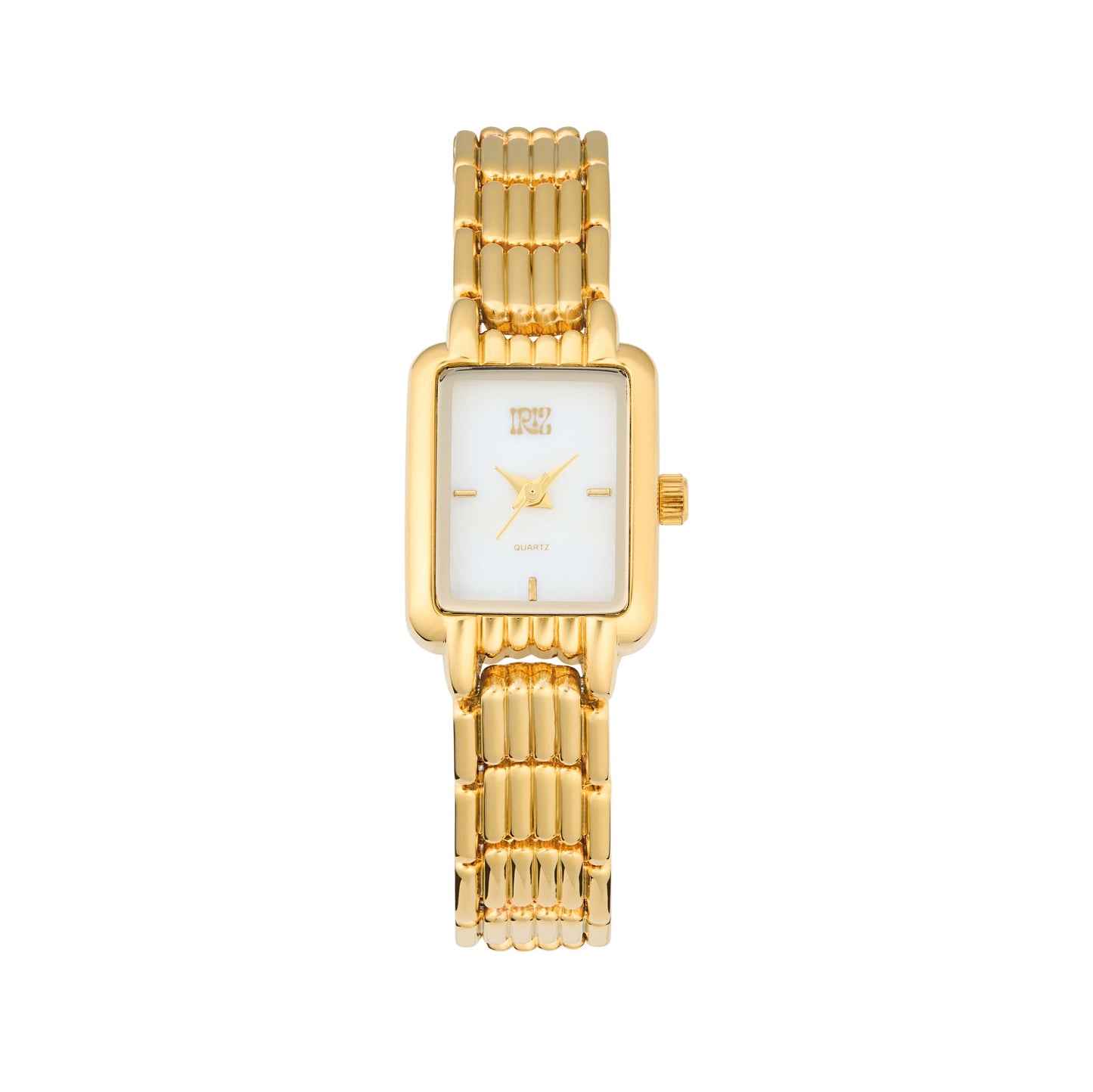 Gold watch with a large geometric white face on a white background