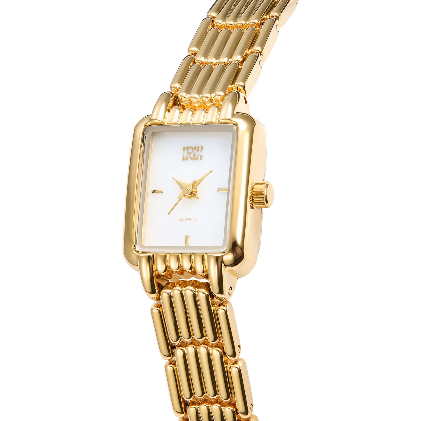 Gold watch with large geometric white face against a white background