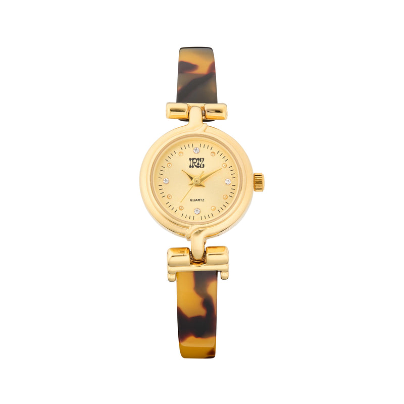 Gold watch with round face and tortoiseshell band on a white background
