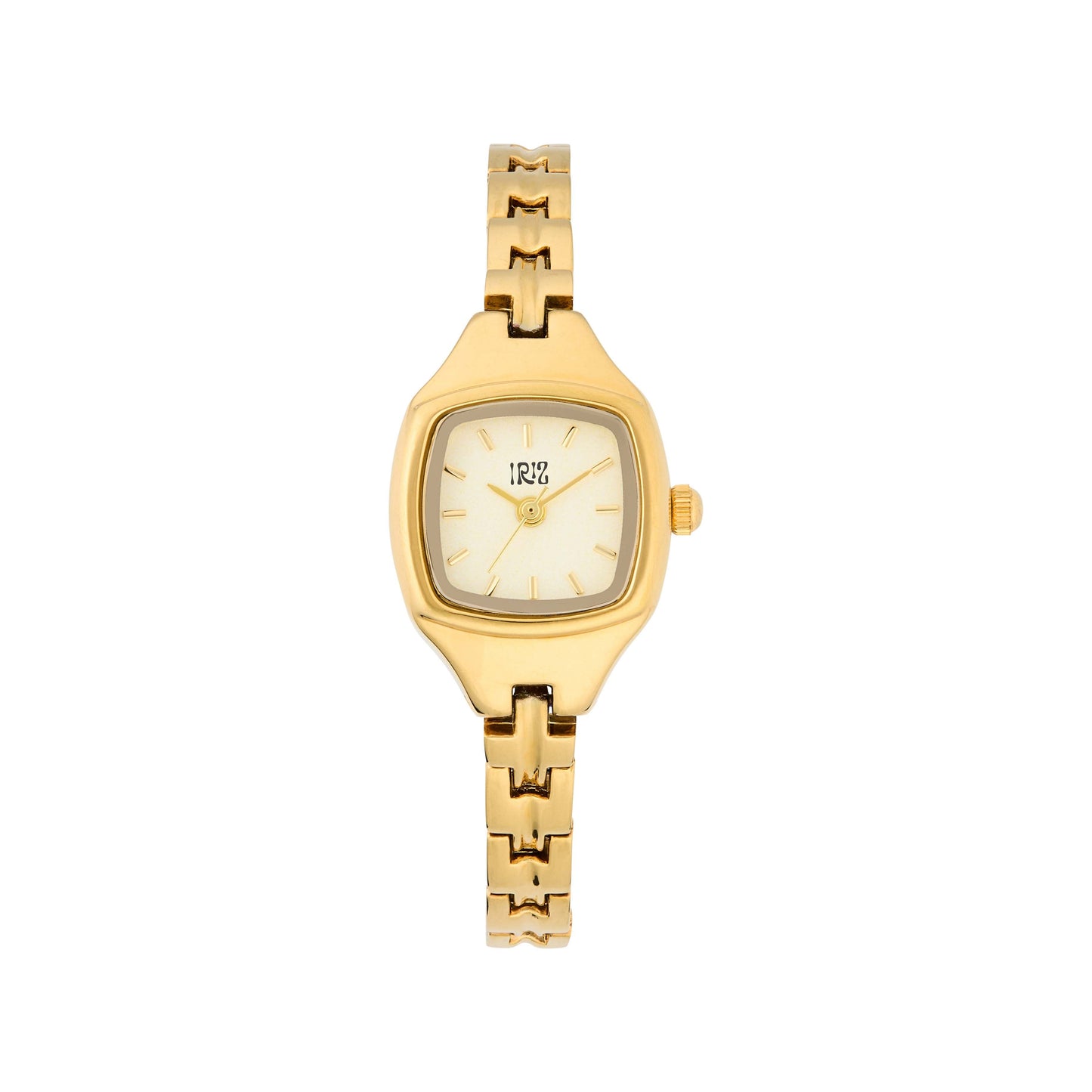 Gold watch with a square face and gold chain band against a white background